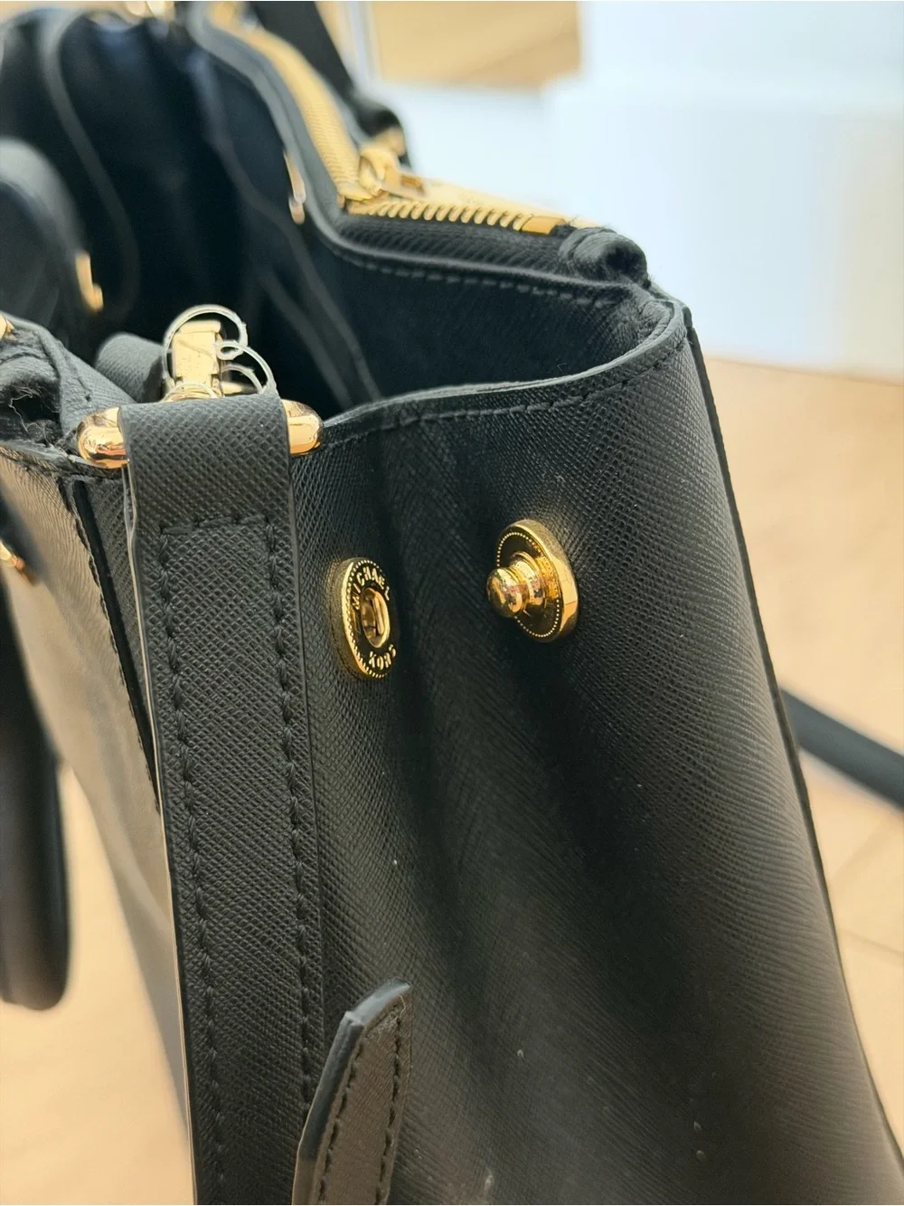 Michael Kors Black Saffiano Leather Satchel Crossbody Bag Gold Hardware